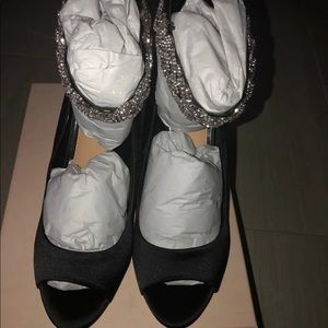 Women's Black Peep-Toe Heels with Crystal Ankle Strap